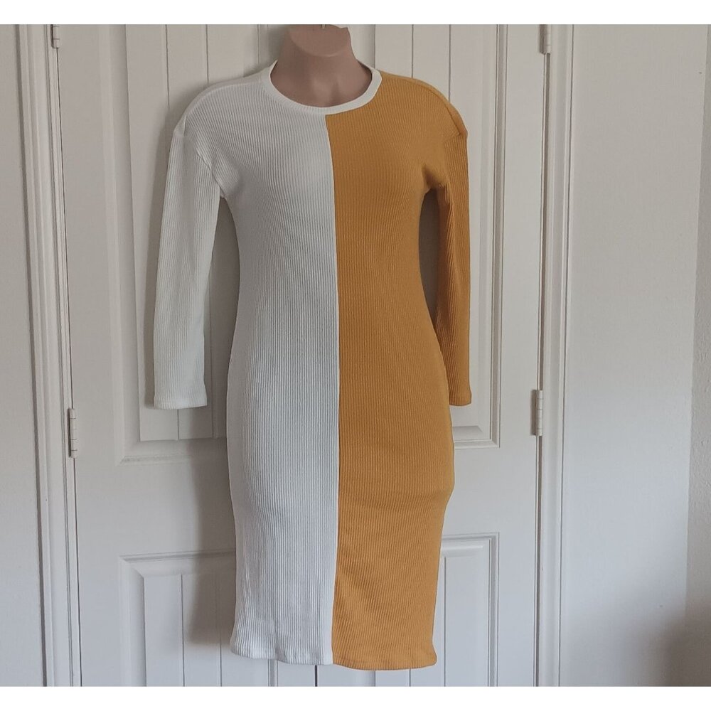 Colorblock Ribbed Knit Dress - Shein Curve OXL White & Mustard